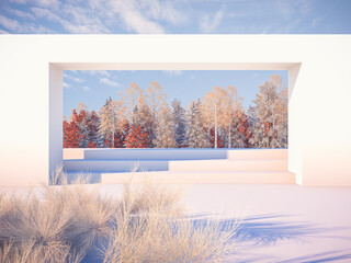 Wall Mural - Abstract Autumn landscape scene with geometrical forms in natural day light. 3D render background.