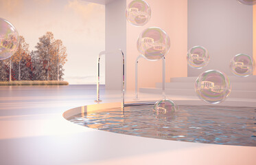 Aufkleber - Abstract Autumn scene with geometrical forms, arch with a podium in natural day light. 3D render background.