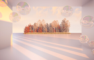 Aufkleber - Abstract Autumn scene with geometrical forms, arch with a podium in natural day light. 3D render background.