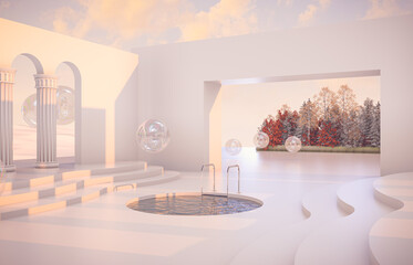 Poster - Abstract Autumn scene with geometrical forms, arch with a podium in natural day light. 3D render background.