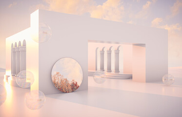 Poster - Abstract Autumn scene with geometrical forms, arch with a podium in natural day light. 3D render background.