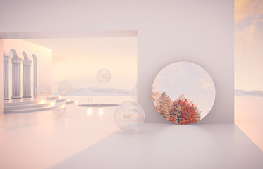 Aufkleber - Abstract Autumn scene with geometrical forms, arch with a podium in natural day light. 3D render background.