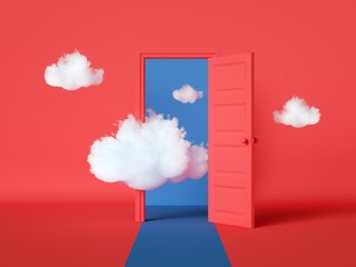 Wall Mural - 3d render, white clouds going through, flying out the open door, objects isolated on bright red background. Abstract metaphor, modern minimal concept. Surreal dream scene