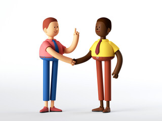 3d render, two men cartoon characters shake hands, successful partnership concept. Business clip art isolated on white background