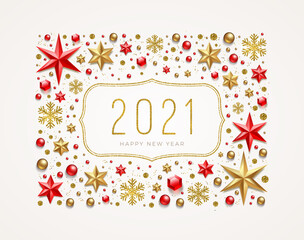 Wall Mural - New Year 2021 greeting illustration. Frame made from stars, ruby gems, golden snowflakes, beads and glitter gold. Vector illustration.