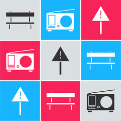 Sticker - Set Bench, Radio with antenna and Exclamation mark in triangle icon. Vector.