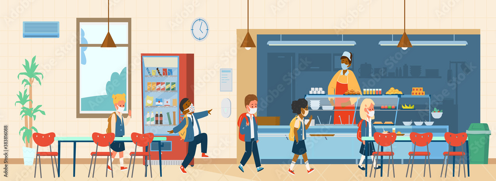 Vector School Canteen With Different Races Pupils In Protective Masks Standing In Line To Take Food. School Life During Covid-19 Pandemic. Flat Illustration.
