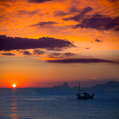 Wall Mural - Ibiza sunset Es Vedra view and fisherboat formentera