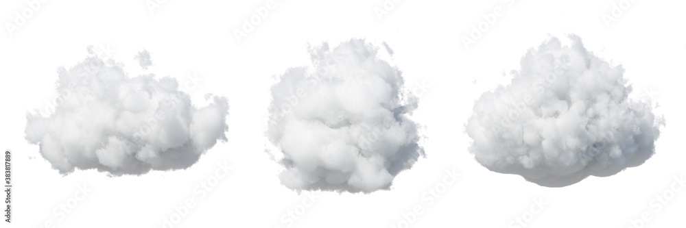 3d render. Assorted shapes of abstract white clouds. Cumulus different views clip art isolated on white background. - obrazy, fototapety, plakaty 