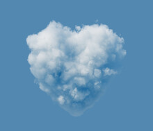 3d Render. Abstract White Heart Shaped Cloud Isolated On Blue Background. Love Symbol Clip Art. Sky Illustration, Cumulus