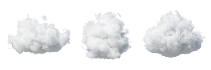 Wall Mural - 3d render. Assorted shapes of abstract white clouds. Cumulus different views clip art isolated on white background.