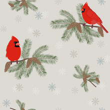 Seamless Vector Illustration With Birds Cardinal And Fir Branches