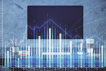 Forex market graph hologram and personal computer on background. Double exposure. Concept of investment.