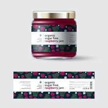Raspberry Jam Label And Packaging. Jar With Cap With Label. White Strip With Text And On Seamless Pattern With Berries, Flowers And Leaves