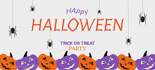 Vector illustration of a banner for halloween party.Spiders,orange and purple scary pumpkins on a gray background.Text.Graphic element for banner,greeting cards,invitation,poster or website.