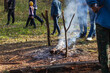 © Olga - An extinct fire in the forest, strong thick smoke from the fire, people walk around the ashes.