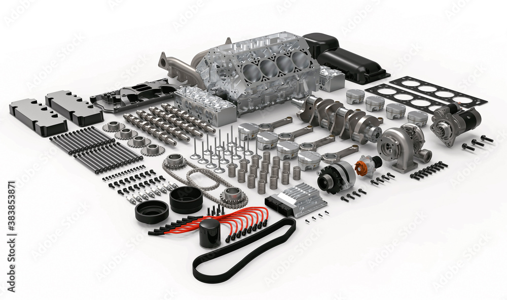 Car engine disassembled. Car engine spare parts. 3d illustration Stock ...