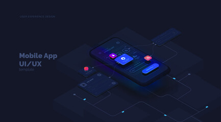 Wall Mural - user experience. smartphone mockup on black background with interactive user interface. the process 