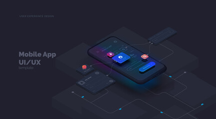 User experience. Smartphone mockup on black background with interactive user interface. The process of creating a mobile application. Website wireframe for mobile apps with active layers and links