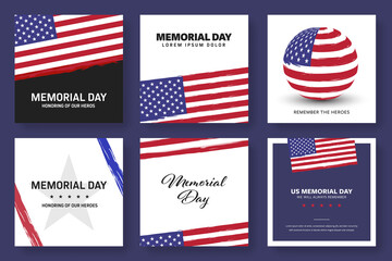 Set of social media posts banners with USA flat. Memorial day templates in square shapes. Modern vector illustration for facebook and instagram adverts