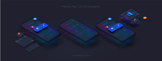 Wall Mural - user experience. smartphone mockup on black background with interactive user interface. the process 