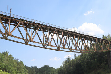 PILCHOWICE, POLAND - AUGUST 12, 2020: Railway bridge over Pilchowice Lake, which was supposed to be blown up for the filming of 