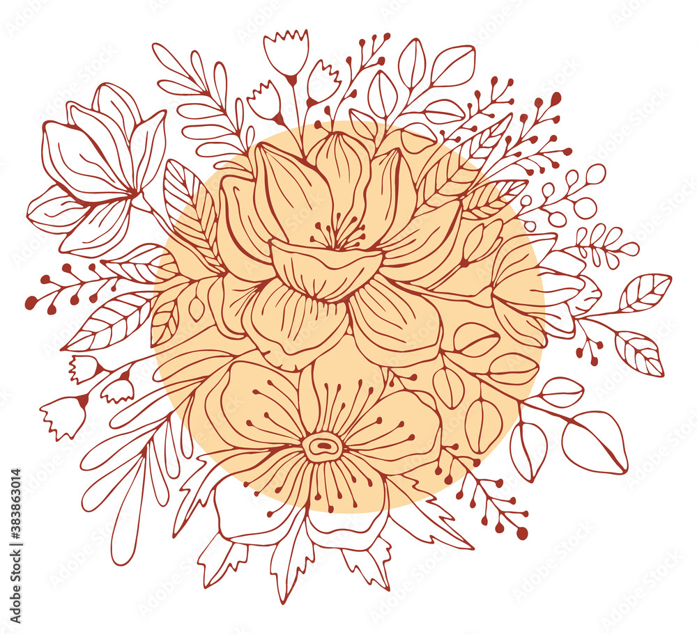 Hand drawn yellow and green bouquet with flowers and leaves. Vector ...
