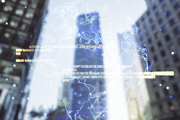 multi exposure of abstract graphic coding sketch and world map on modern architecture background, bi