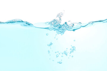 Wall Mural - Water wave splash clean blue and bubbles isolated on white water background with copy space