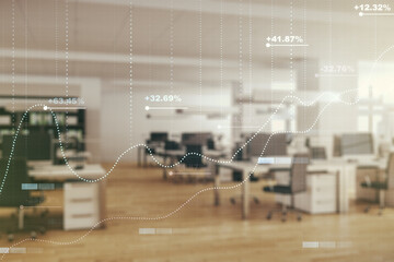 Multi exposure of abstract statistics data hologram interface on a modern furnished office interior background, computing and analytics concept