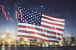 © Pixels Hunter - Economic crisis chart and world map hologram on USA flag and blurry skyscrapers background, bankruptcy and recession concept. Multiexposure