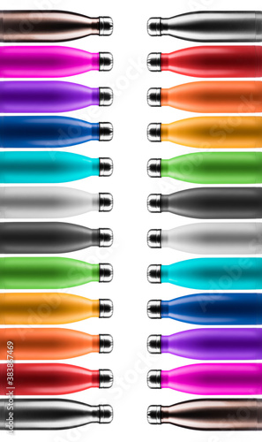 Dekoracja na wymiar  symetryczne-odbicie-kolorowych-butelek-termoizolacyjnych-ze-stali-nierdzewnej-wielokrotnego-uzytku-na-bialym-tle