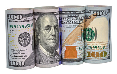 Poster - New design Hundred US Dollar bills rolled to form whole bill isolated on white background.