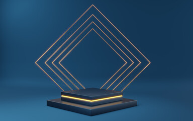 Empty blue cube podium with gold neon and gold square on blue background. Abstract minimal studio 3d geometric shape object. Mockup space for display of product design. 3d rendering.