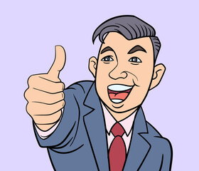 A man smiling with a thumbs showing satisfaction. hand drawn style vector design illustrations.