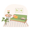 Modern home interior with sofa, table, rug, house plants and sleeping cat. Cosy living room vector illustration