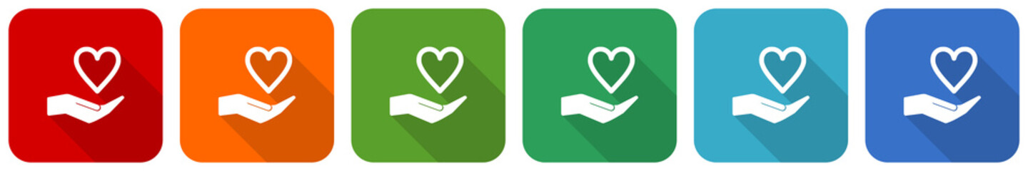 Aufkleber - Care love icon set, flat design vector illustration in 6 colors options for webdesign and mobile applications