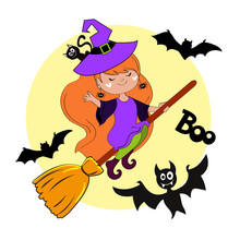 Halloween Flying Little Witch With Bats. Vector Illustration Of A Little Girl In A Halloween Costume Isolated