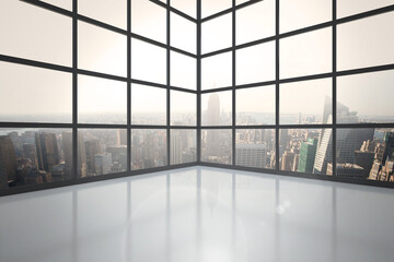 Room with large window showing city