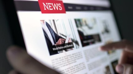 Online news article on tablet screen. Electronic newspaper or magazine. Latest daily press and media. Mockup of digital portal and website. Happy person using web service in the morning. Reading text.