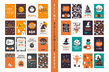 Halloween greeting cards big set with handwritten lettering and traditional symbols