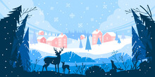Christmas Winter Vector Landscape With Snow Drifts, Mountain Village, Forest, Pines, Reindeer. Holiday Nature Background With Fox, Hills, Houses. X-mas Panoramic Banner With Winter Outline Landscape