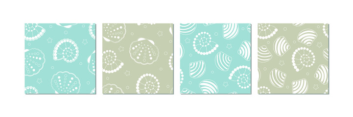 Seamless pattern set with images of cute seashells in neutral colors. marine theme in minimal scandinavian style - vector illustration, eps