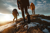 Close up photo of group of tourists at mountain top