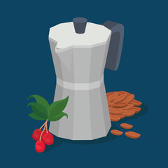 Poster - coffee moka pot beans berries and leaves vector design