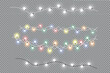 Christmas lights isolated realistic design elements. Glowing lights for Xmas Holiday greeting card design. Garlands, Christmas decorations.
