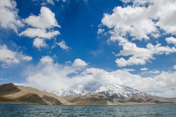 View of the karakoram mountain range from the Karakul lake, Xinjiang Province, China