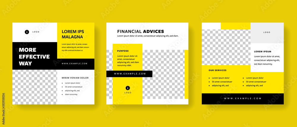 Set of clean editable social media post templates with yellow and black accent. Modern business banner graphics for online advert or facebook and instagram - obrazy, fototapety, plakaty 