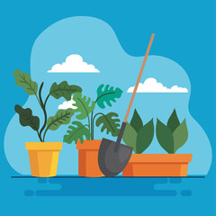 Poster - Gardening plants insde pots and shovel design, garden planting and nature theme Vector illustration