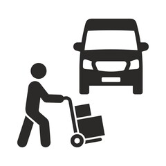 Poster - Delivery icon. Delivery driver. Van. Worker unloading boxes from the van. Vector icon isolated on white background.